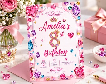 Invitación de cumpleaños con piedras preciosas rosas, invitación brillante para fiesta de niñas, invitación de cumpleaños con joyas, plantilla editable de Canva (descarga digital)
