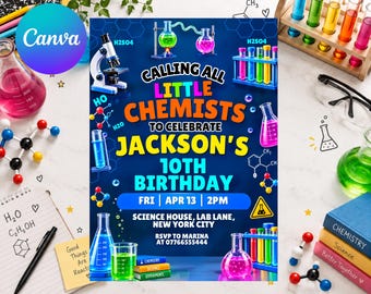 Invitación de cumpleaños con temática de química, invitación a fiesta de laboratorio científico, cumpleaños de científico loco, fiesta STEM, plantilla editable de Canva (descarga digital)
