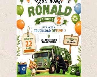 Invitación de cumpleaños con temática de camión de basura, invitación para fiesta de cumpleaños con temática de camión de basura, plantilla editable de Canva, invitación de cumpleaños infantil, descarga instantánea.