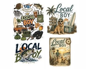 PNG de niño local, PNG de perro costero en la playa, diseño de camiseta de surf retro, PNG de Golden Retriever, sublimación de niño de verano, paquete de PNG de niño local, caza