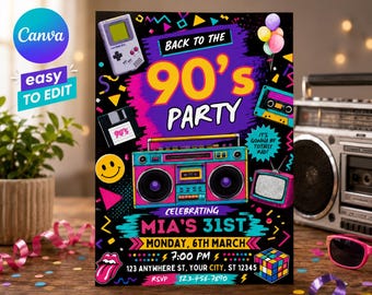 90s Party Invitation Template, Back to the 90s Party Invite, 90th Birthday Invitation, Retro Invite, Editable Canva (Digital Download)