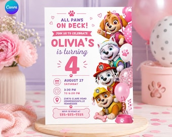 Invitación para fiesta de cumpleaños de cachorros con temática femenina, invitación para fiesta de cumpleaños de cachorros rosas, cumpleaños de perritas, plantilla editable de Canva ( (Descarga digital)