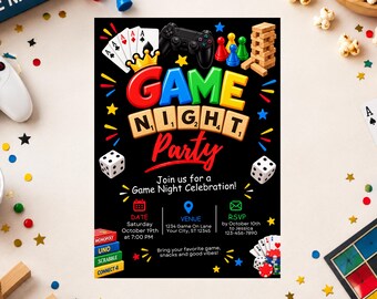 Invitación para noche de juegos, invitación para fiesta de juegos de mesa, fiesta de juegos familiares, noche de juegos de cumpleaños, plantilla editable de Canva