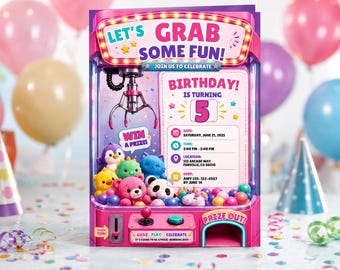 Födelsedagsinbjudan till klomaskin, kawaii arkadfestinbjudan, neon arkadfestinbjudan retro gamer, redigerbar canvasmall digital nedladdning