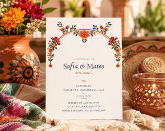 Plantilla de invitación de boda mexicana, invitación para fiesta mexicana, invitación para fiesta de Oaxaca, papel picado, invitación boho vibrante, plantilla para editar en Canva