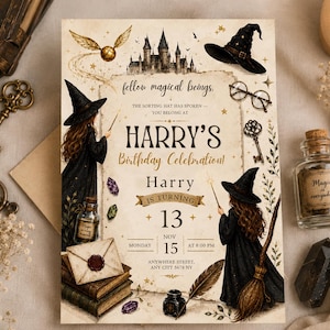 May include: A rectangular birthday invitation card featuring a parchment-style background with illustrations of a castle, a flying golden snitch, a witch hat, round glasses, a key, books, an envelope with a wax seal, and two figures in robes.