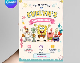 Invitación de cumpleaños de la Esponja, divertida invitación de cumpleaños número 5 de la Esponja amarilla, invitación para fiesta bajo el mar, plantilla editable de Canva para descarga digital