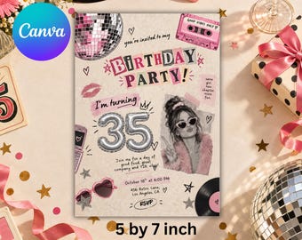 Modèle d'invitation pour un 35e anniversaire, invitation pour une fête rétro rose des années 2000, modèle Canva (téléchargement numérique)