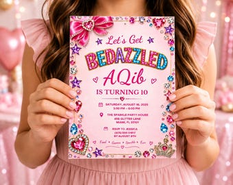 Invitación de cumpleaños con pedrería, fiesta de cumpleaños con diamantes de imitación, invitación de cumpleaños con piedras preciosas, fiesta glamurosa estilo Y2K, plantilla editable de Canva para descarga digital