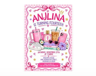 Invitación de cumpleaños para preadolescentes, fiesta de cumpleaños para niñas, invitación de cumpleaños con estética rosa, fiesta de cumpleaños femenina, plantilla editable de Canva