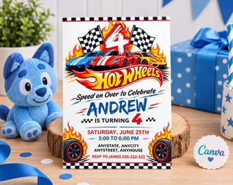 Plantilla de invitación de cumpleaños de Hot Cars, invitación digital para fiesta de cumpleaños "Let's Race" de Hot Cars, tarjeta de cumpleaños para niños, editable en Canva (digital).