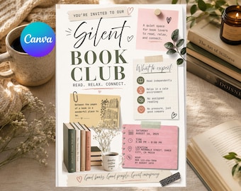 Silent Book Club Invitation, Reading Party Invite, Book Lovers Gathering, Quiet Reading Night, Literary Event (Editable Canva Template)