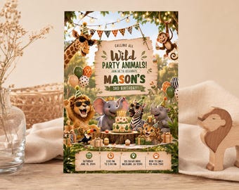 Può includere: Un biglietto d'invito di compleanno rettangolare a tema giungla con una giraffa, una scimmia, un leone, un elefante, una zebra, un rinoceronte e un tucano. Il testo recita: CALLING ALL WILD PARTY ANIMALS! JOIN US TO CELEBRATE MASON'S 3RD BIRTHDAY!