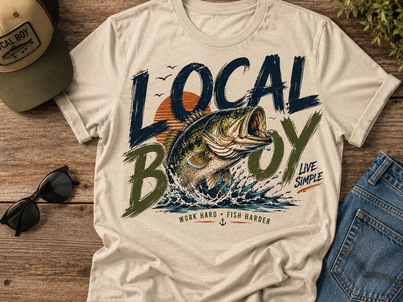 May include: A beige t-shirt featuring a graphic of a largemouth bass jumping out of water. The text reads LOCAL BOY, LIVE SIMPLE, and WORK HARD FISH HARDER. The design includes a sunset, birds, and an anchor icon in dark blue and olive green.