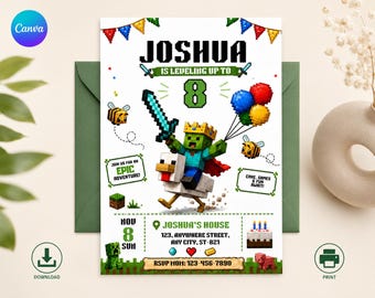 Invito di compleanno modificabile a tema Chicken Jockey, invito per festa a tema miniera, modello di gioco pixel, invito di compleanno per gamer, invito stampabile su Canva