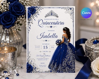 Invitaciones de Quinceañera, Plantilla de Invitación de Quinceañera Azul Rey y Plateado, Invitación Floral para Fiesta de Dulces 15, Plantilla Editable en Canva (Descarga Digital)