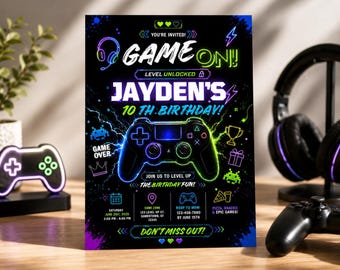 Invitación de cumpleaños para gamers, invitación de cumpleaños de videojuegos, invitación de cumpleaños para subir de nivel, invitación para fiesta de videojuegos, descarga digital de Canva