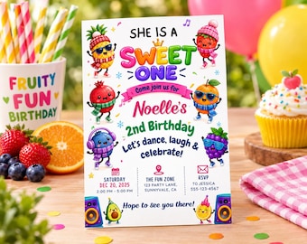 Invitación de primer cumpleaños con frutas, invitación de cumpleaños con frutas bailarinas, fiesta de cumpleaños infantil, invitación "Hey Bear", cumpleaños "Hey Bear" (Canva editable)
