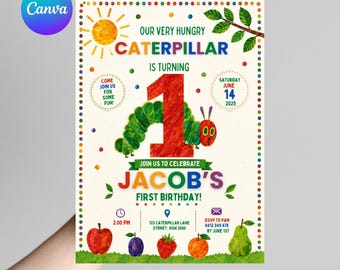 Invitación de primer cumpleaños de La Oruga Muy Hambrienta, Fiesta de La Oruga Muy Hambrienta, Invitación de la Oruga Verde (Plantilla de Canva) Digital