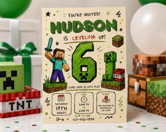 Pixel Block verjaardagskaart uitnodiging, Mine Gaming feestuitnodiging, Block Party uitnodiging, Kids Level Up uitnodiging, Canvas sjabloon digitale download