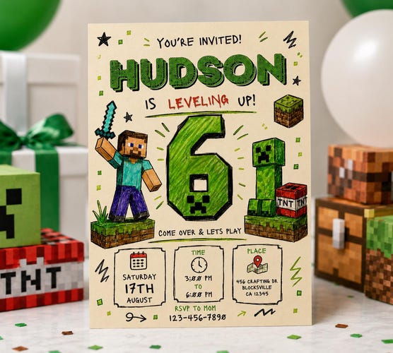 Pixel Block Birthday Invitation Template — Mine Gaming Party Invite