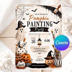 May include: A Halloween pumpkin painting party invitation card featuring illustrations of ghosts in witch hats, jack-o'-lanterns, a spider web, bats, and paintbrushes. The text includes event details, date, time, and location for The Anderson House.