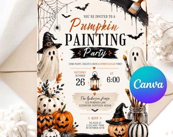 Invitación para fiesta de pintura de calabazas, plantilla editable de Canva, invitación para fiesta de Halloween, invitación para decorar calabazas de otoño, descarga digital para imprimir