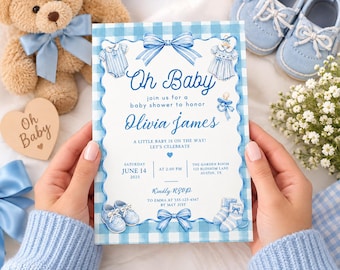 Invito per baby shower in stile preppy, invito "Oh Baby" a righe blu, modello vintage per baby shower, baby shower misto, modificabile su Canva (download digitale)