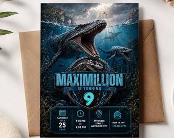 Invitación de cumpleaños de mosasaurio, invitación de cumpleaños de dinosaurio, invitación de dinosaurio acuático, invitación para fiesta de mosasaurio (plantilla editable de Canva)