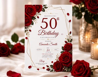 Invitación de cumpleaños número 50, invitación de cumpleaños con rosa roja, invitación glamurosa con flores y purpurina, invitación con globo rojo, plantilla de Canva, descarga digital.