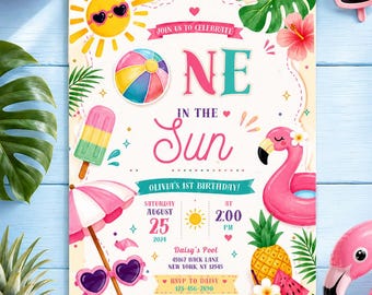Invitación de primer cumpleaños para niña "One in the Sun", invitación para fiesta de primer cumpleaños en la piscina, plantilla editable de Canva, descarga digital de verano tropical.