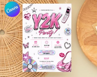 Invitación a fiesta Y2K, invitación retro de los 2000, plantilla editable de Canva, fiesta de principios del milenio de los 2000, descarga digital.