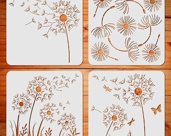Dandelion Wall Stencils, 4 Pcs 12x12 Inch Reusable Painting Templates for Floor, Tile, Wood, Cement & Wall Decor
