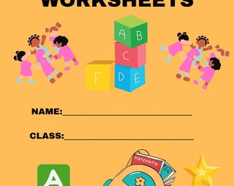 Può includere: Una scheda didattica gialla intitolata A to Z Tracing Fun WORKSHEETS per bambini dai 3 ai 6 anni. Presenta illustrazioni di bambini, blocchi alfabetici colorati, uno zaino con libri, una stella gialla e righe per inserire nome e classe.