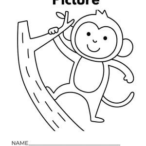 Pu&ograve; includere: Una pagina da colorare in bianco e nero raffigurante una scimmia appesa al ramo di un albero. Il testo in alto recita Colour the Picture, con righe in basso per Name e Age, e il testo Page 3 in fondo al foglio.