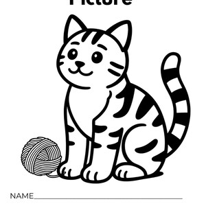 Pu&ograve; includere: Una pagina da colorare in bianco e nero con un gatto dei cartoni animati seduto accanto a un gomitolo di lana. Il testo in alto recita Colour the Picture, con linee in basso per Name e Age, e il testo Page 5 in fondo al foglio.