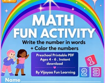 Math Fun Activity Pages | Write Numbers in words + Colour | Preschool Learning Printable PDF