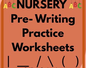 Può includere: Un set di 33 pagine di schede didattiche di pre-scrittura per la scuola dell'infanzia su sfondo color pesca. Il testo recita Nursery Pre-Writing Practice Worksheets by Vijayaa Fun Learning, con icone ABC, tratti di linee e un copyright del 2026.