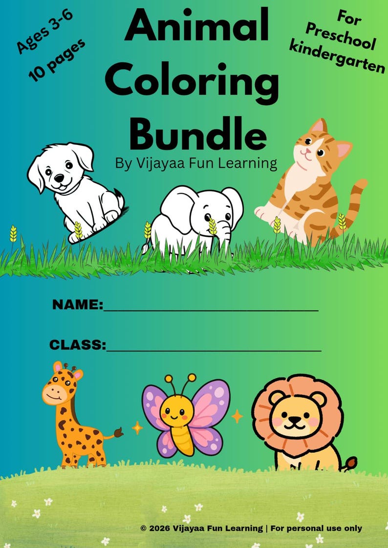Pacchetto di disegni da colorare di animali / Schede di attività per la scuola materna / Download digitale immagine 1