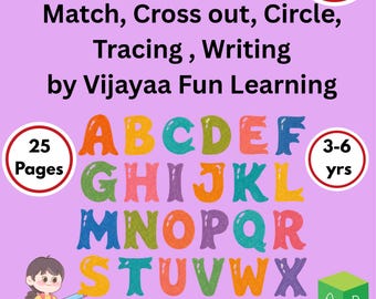 Può includere: Una scheda didattica color viola chiaro intitolata ALPHABET FUN SKILL PACK di Vijayaa Fun Learning. Presenta lettere colorate dalla A alla Z, un personaggio dei cartoni animati con una matita, una riga per il nome e blocchi impilati con A, B, C, D, E, F.
