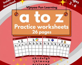 a-z Practice worksheets | Alphabet tracing for kids | Preschool Printable PDF | Ages 3 -6 | Instant download.