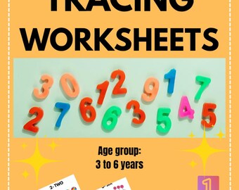Può includere: Schede didattiche per tracciare i numeri da 1 a 10 con 10 pagine, con magneti numerici in plastica colorata, fascia d'età 3-6 anni e due fogli di attività di esempio. Il testo recita 1 to 10 TRACING WORKSHEETS, By VIJAYAA JADHAV.