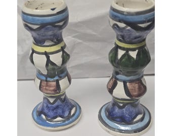 Vintage Israeli Ceramic Armenian Pottery Iznik Shabbat Candlesticks Set of 2 4.5