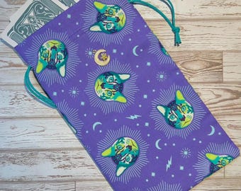 Mystic Cats Tarot Deck Bag • Handmade Oracle Card Pouch • Drawstring Crystal Bag