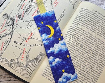 Fabric Bookmark • sparkly moons, stars & clouds • HANDMADE