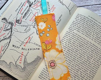 Fabric Bookmark • flowers on orange • HANDMADE