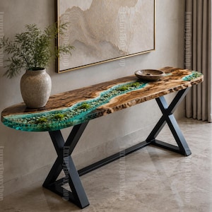 Live Edge Olive Wood Epoxy River Console Table, Pebble Inlay Entryway Sofa Table