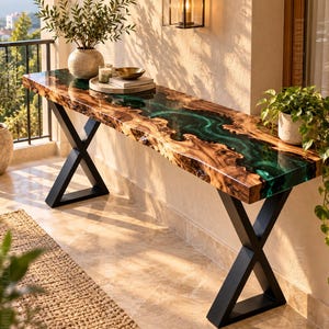 Handmade Green Resin River Console Table, Live Edge Wood, Epoxy Sofa Table