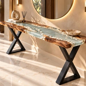 Custom Wood Resin Console Table | Live Edge Pebble Inlay (Handmade)