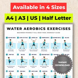 Water Aerobics Exercises Printable, 30 Move Pool Workout Poster, Beginner Full Body Aqua Fitness Guide PDF